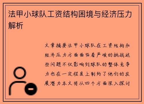 法甲小球队工资结构困境与经济压力解析
