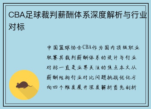 CBA足球裁判薪酬体系深度解析与行业对标