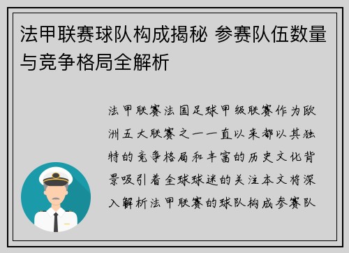 法甲联赛球队构成揭秘 参赛队伍数量与竞争格局全解析