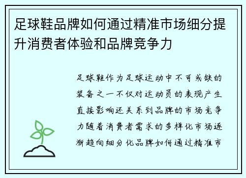 足球鞋品牌如何通过精准市场细分提升消费者体验和品牌竞争力